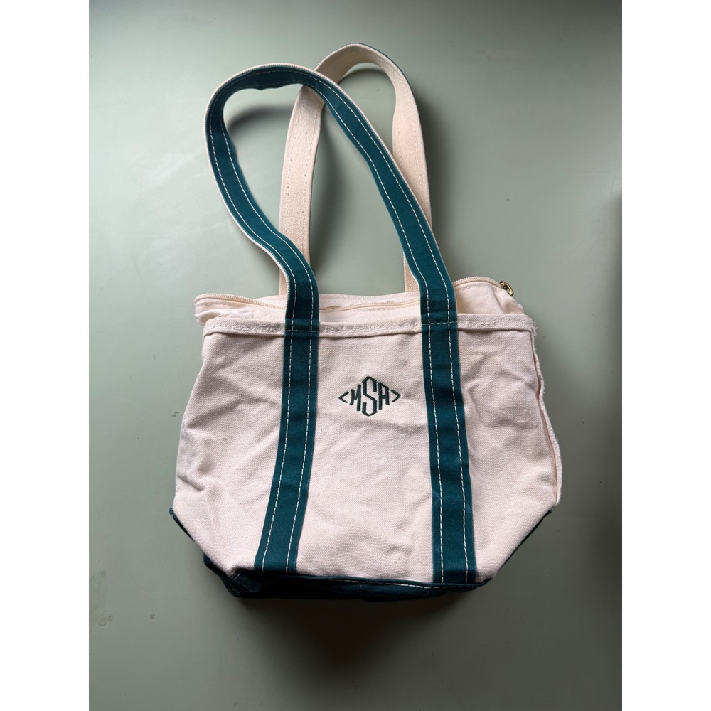 Vintage 1990s LL Bean Boat and Tote Canvas‎ Bag Green Zip Top Monogram MSA Small
